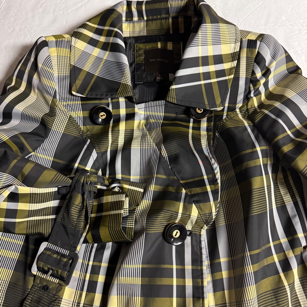 The Limited Women Green Plaid Trench Coat Double Breasted Belted Jacket Size S